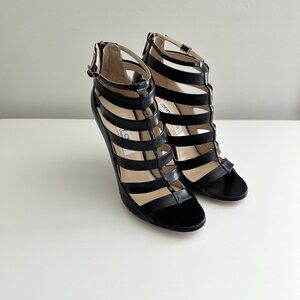 NEW JIMMY CHOO Black Leather Caged Ankle Strap Sandals Size 38.5